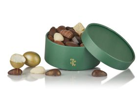 Filled chocolates and marzipan eggs in Cocoture hat box