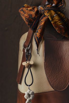 Monkey silver metal Keychain with Black Leather teak/limba
