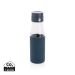 Ukiyo glass hydration tracking bottle with sleeve blue